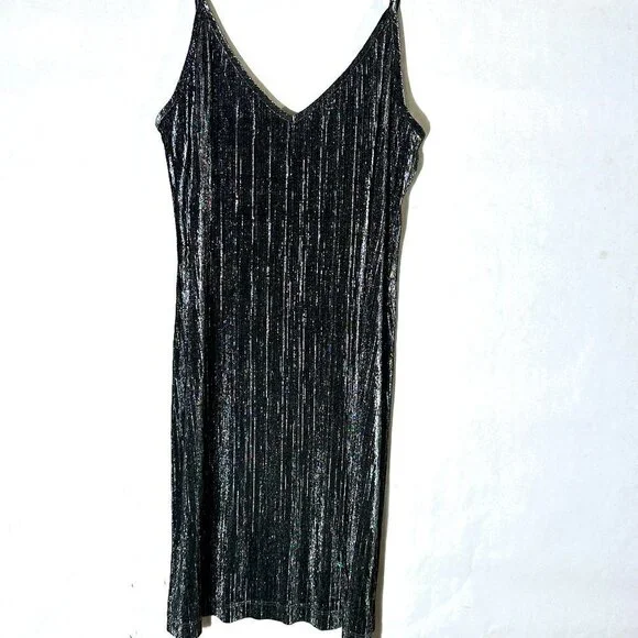 Mikai Size Large Slip Dress Charcoal Gray Black Metallic Shimmer Sexy Slinky - Picture 1 of 7
